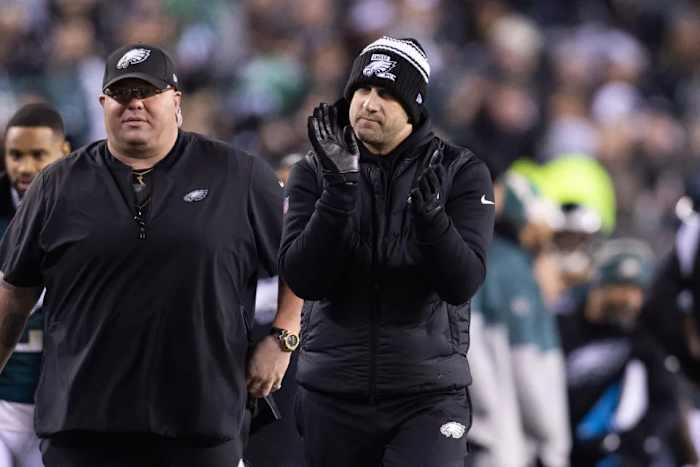 Philadelphia Eagles head of security Dom DiSandro (left) and head coach Nick Sirianni